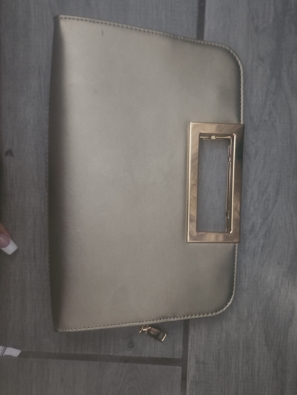 Metallic Taupe Clutch with Rectangular Gold Handle